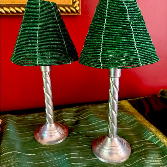 Other - Green Beaded Shade Silver Table Lamps